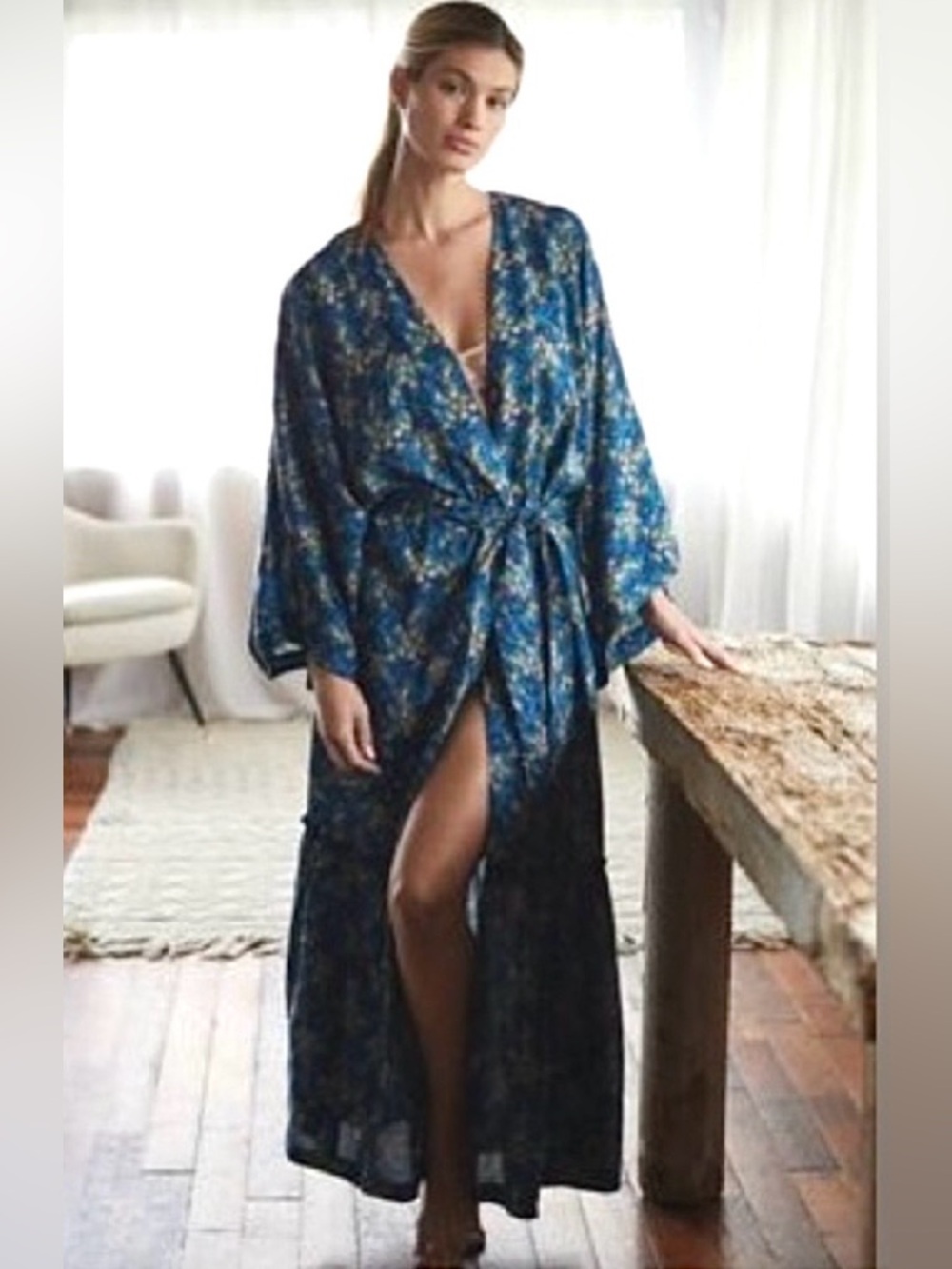 Anthropologie Blue Floral Maxi Kimono Duster NWOT Boho Robe